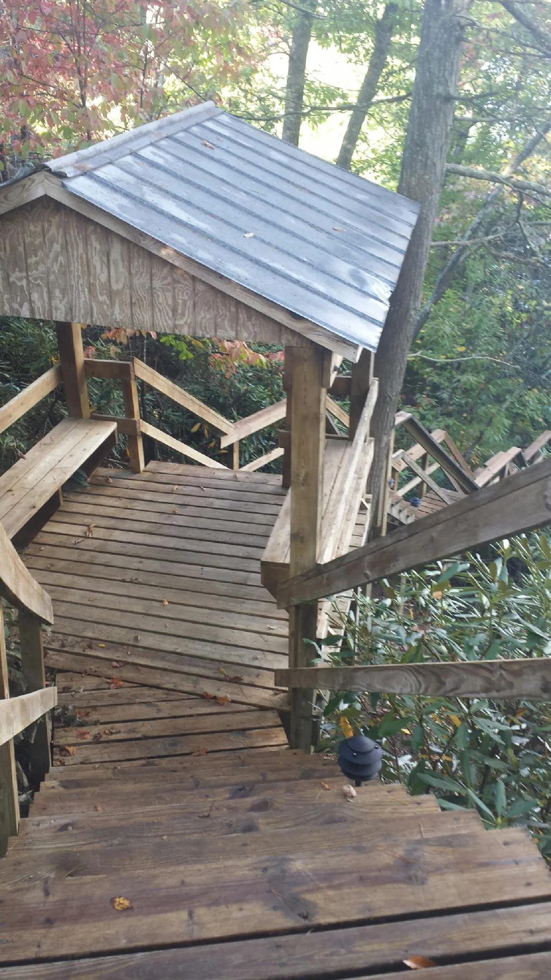 Metal roofed shelter over wooden steps on a wooded walkway — Skylight Repair & Installation work by our crew in Pontotoc